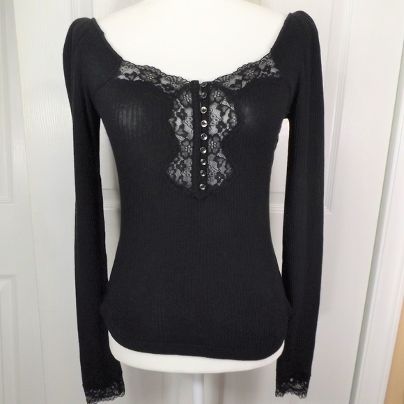 Free People Tops - NWT Free Peoples Black Knit Top w Lace &Buttons XS